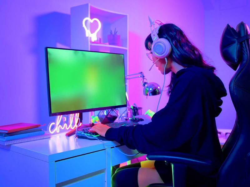 devojka igra igrice na gejmerskom kompjuteru
